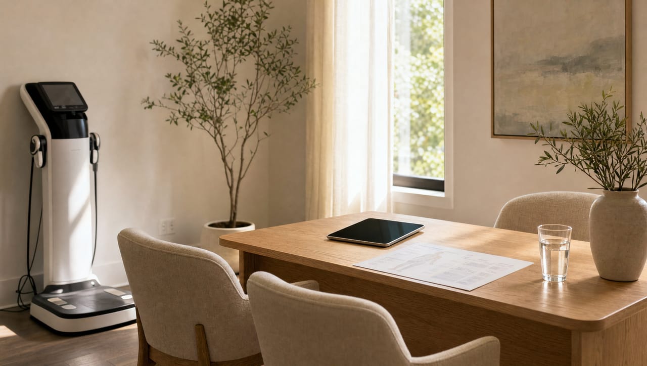 A consultation room with a white oak desk and a body composition analyzer