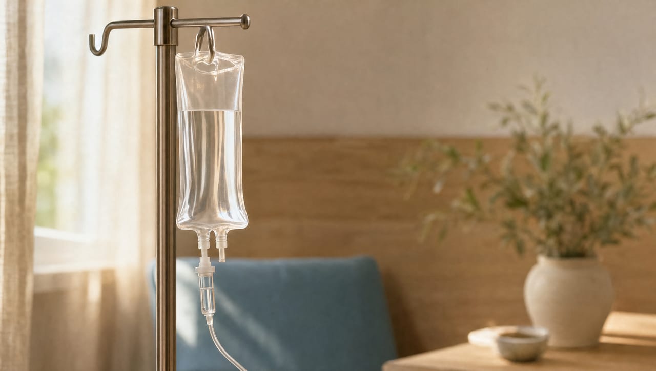 A clear IV bag on a brushed steel stand in warm window light
