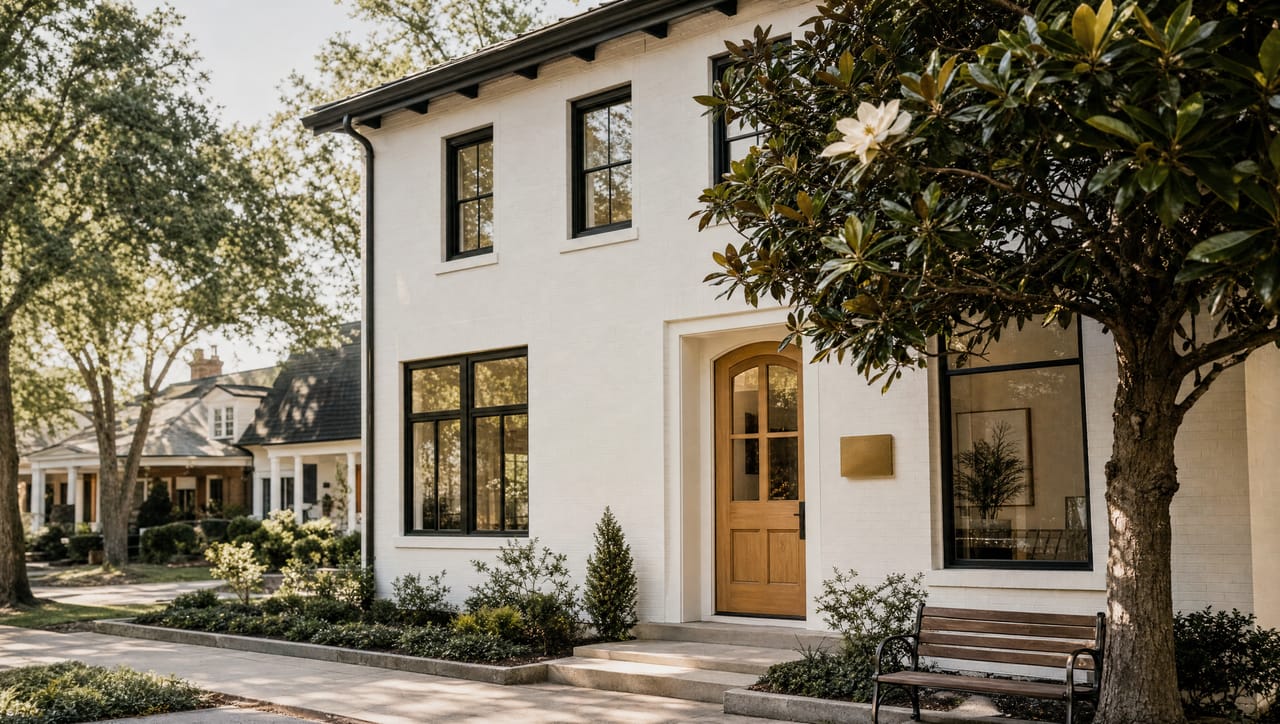 The white-painted brick Wrenhaven clinic with tall black-framed windows and a magnolia tree