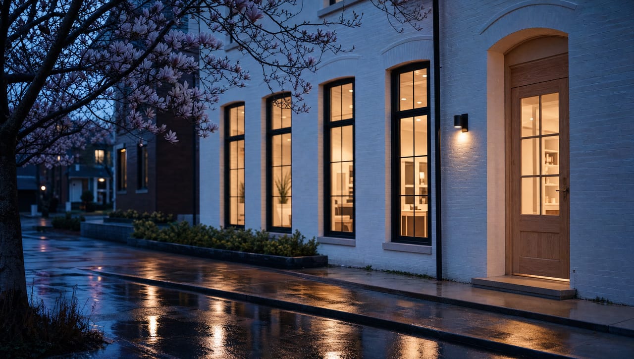 The Wrenhaven clinic at blue hour with warm light through the windows