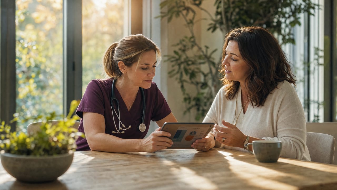 A nurse practitioner and a patient reviewing a written plan on a tablet at an oak table in morning light