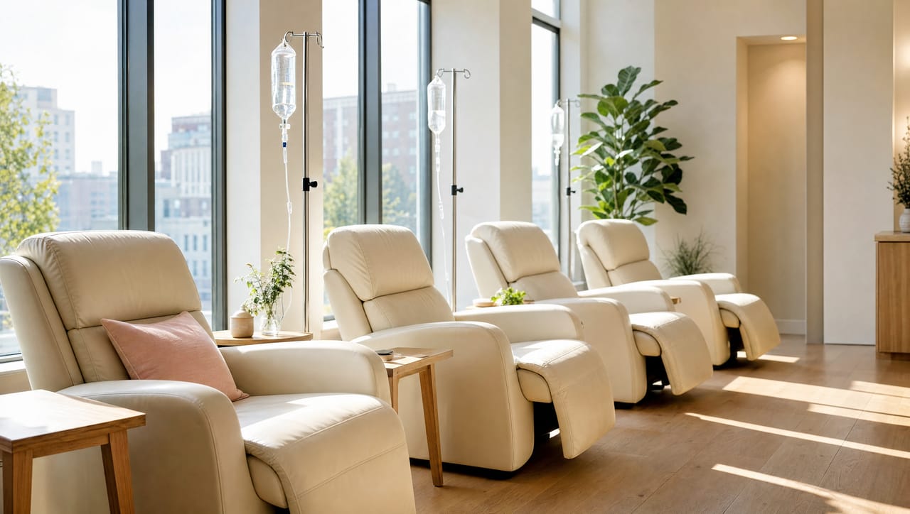 The IV lounge with four cream recliners by tall windows