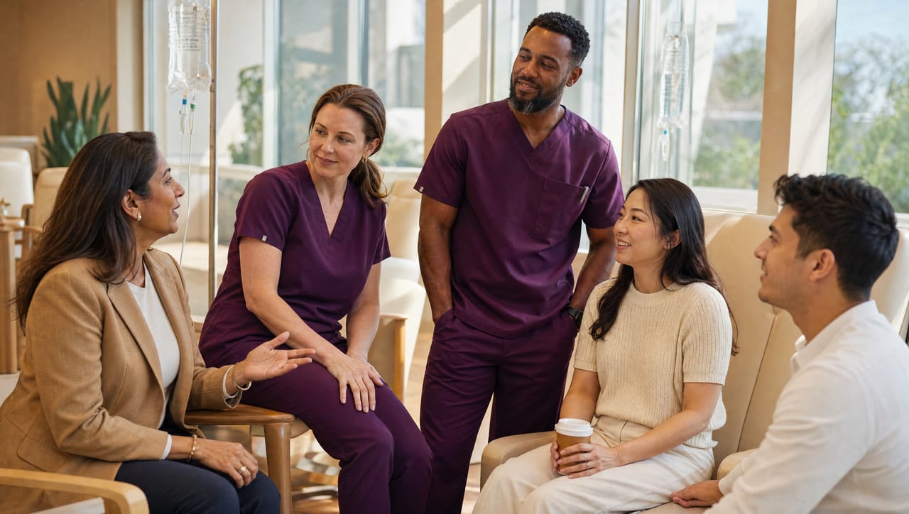 The five-person Wrenhaven team relaxed in the IV lounge